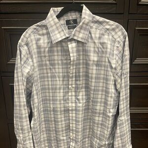 Calvin Klein Men's White and Gray Plaid Dress Shirt